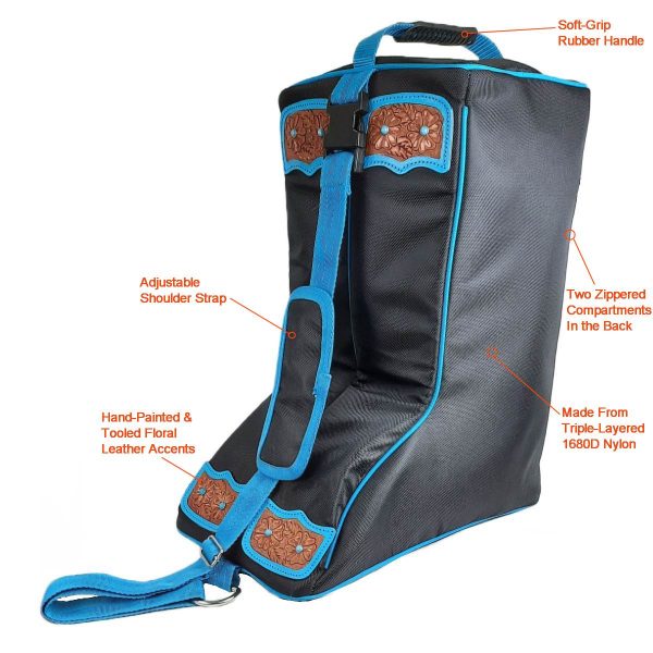 Tahoe Tack Turquoise Flower 1680D Nylon Western Boot Bag with Hand Tooled Leather Accents and 2 Year Warranty - Image 2